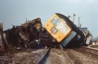 The aftermath of a three-car Cravens DMU working the 13:00 Birmingham-Derby service hitting a trailer loading with 2 1/2 tons of manure at Catholme crossing (at Wichnor Junction on the Birmingham to Derby main line) on 15 February 1969.

The three vehicles came to rest forming a triangle, M50774 closest, M59322 left to right behind, and the mangled wreckage of M50799 (which looks like it was in blue with a yellow panel) on the left. All were withdrawn after the incident.