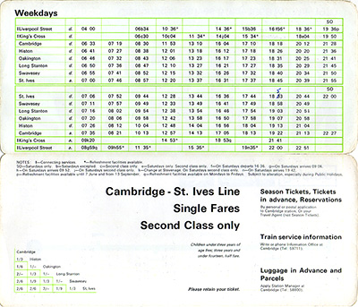 Cambridge - St Ives May 1969 timetable inside